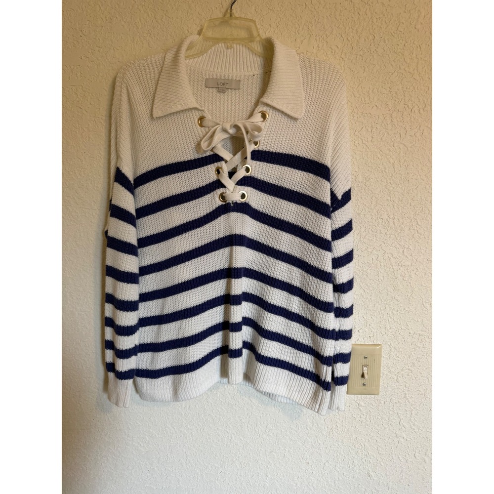 Loft Womens Striped Lace Up Polo Sweater White Navy Blue Medium Coastal Nautical